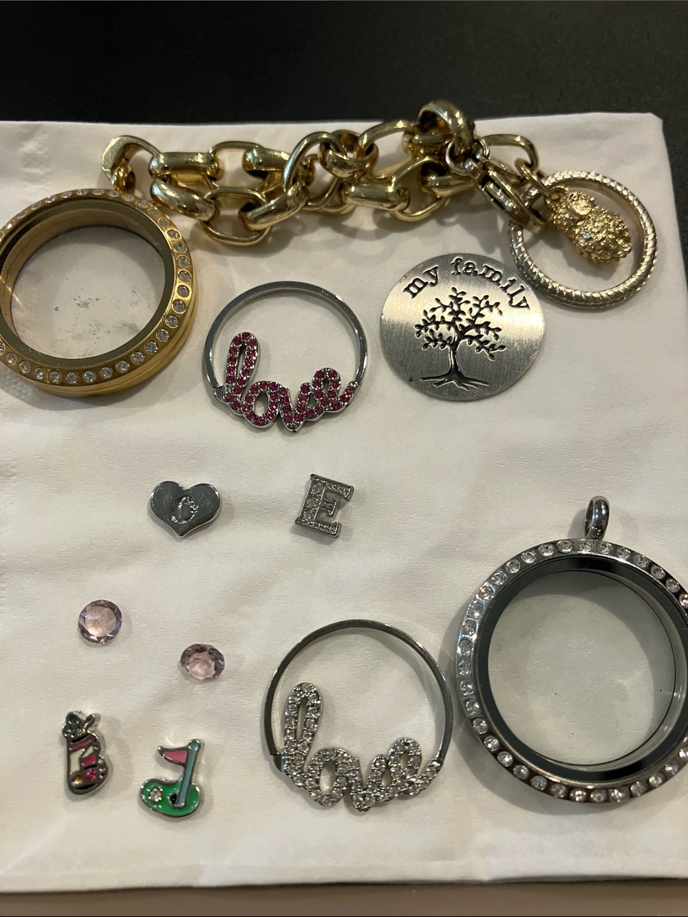 Two Origami Owl Lockets Gold with bracelet, Silver locket and Mixed Charms